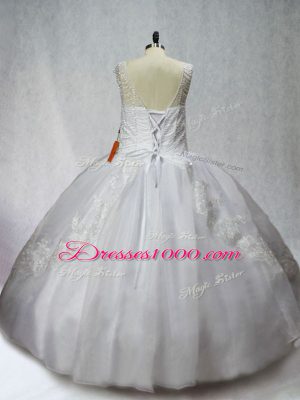 Organza Scoop Sleeveless Lace Up Beading and Appliques 15th Birthday Dress in White