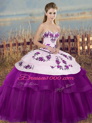Floor Length White And Purple Vestidos de Quinceanera Tulle Sleeveless Embroidery and Bowknot