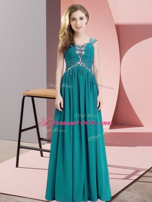 Discount Straps Cap Sleeves Prom Gown Floor Length Beading Teal Chiffon