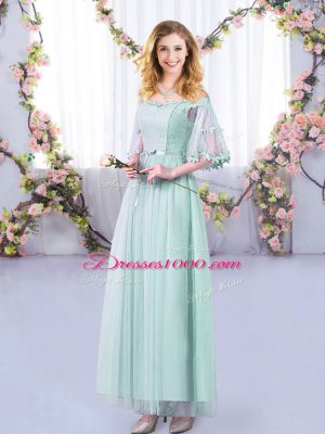 Customized Light Blue Half Sleeves Lace and Belt Floor Length Wedding Party Dress