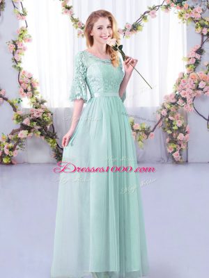 Customized Light Blue Half Sleeves Lace and Belt Floor Length Wedding Party Dress