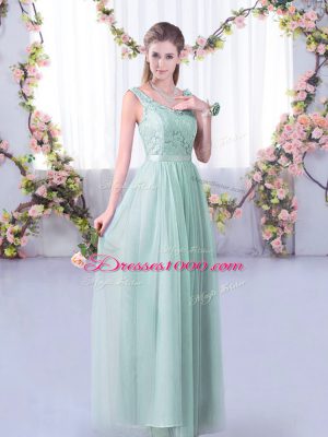 Customized Light Blue Half Sleeves Lace and Belt Floor Length Wedding Party Dress