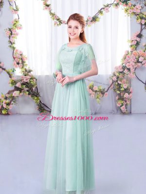 Customized Light Blue Half Sleeves Lace and Belt Floor Length Wedding Party Dress