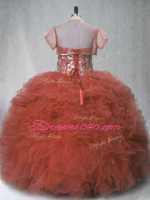 High End Beading and Ruffles Quinceanera Gown Rust Red Lace Up Sleeveless Floor Length