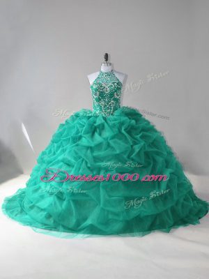 Lace Up Quinceanera Dresses Turquoise for Sweet 16 and Quinceanera with Beading and Pick Ups Court Train