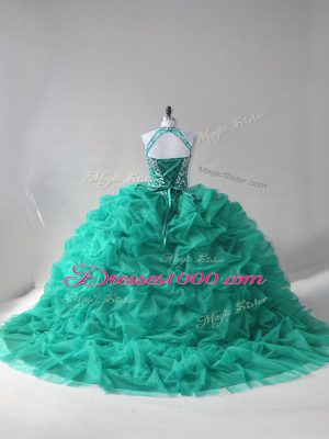 Lace Up Quinceanera Dresses Turquoise for Sweet 16 and Quinceanera with Beading and Pick Ups Court Train