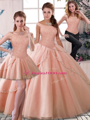 Fashionable Three Pieces Sleeveless Peach Quince Ball Gowns Brush Train Lace Up