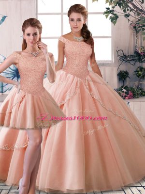 Fashionable Three Pieces Sleeveless Peach Quince Ball Gowns Brush Train Lace Up