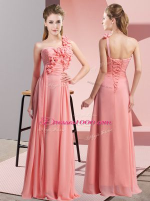Floor Length Watermelon Red Bridesmaid Dresses One Shoulder Sleeveless Lace Up