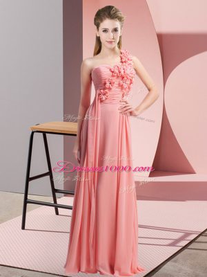 Floor Length Watermelon Red Bridesmaid Dresses One Shoulder Sleeveless Lace Up