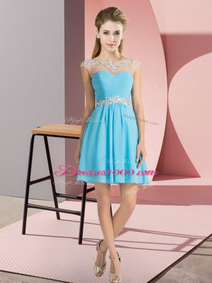 Empire Dama Dress Aqua Blue Bateau Chiffon Cap Sleeves Mini Length Lace Up
