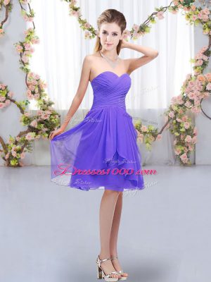 Super Knee Length Lavender Quinceanera Court of Honor Dress Chiffon Sleeveless Ruffles and Ruching