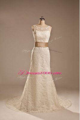 White Lace Backless Scoop Sleeveless Wedding Gown Brush Train Lace and Belt