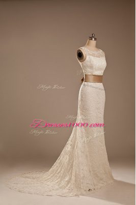 White Lace Backless Scoop Sleeveless Wedding Gown Brush Train Lace and Belt