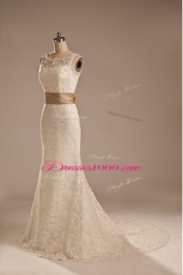 White Lace Backless Scoop Sleeveless Wedding Gown Brush Train Lace and Belt