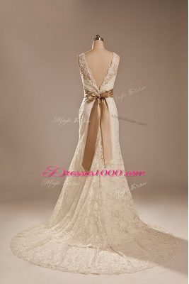 White Lace Backless Scoop Sleeveless Wedding Gown Brush Train Lace and Belt