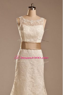 White Lace Backless Scoop Sleeveless Wedding Gown Brush Train Lace and Belt