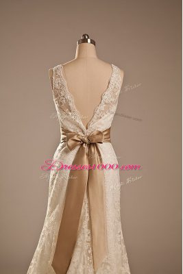 White Lace Backless Scoop Sleeveless Wedding Gown Brush Train Lace and Belt
