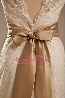 White Lace Backless Scoop Sleeveless Wedding Gown Brush Train Lace and Belt