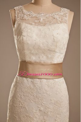 White Lace Backless Scoop Sleeveless Wedding Gown Brush Train Lace and Belt