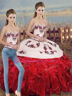 Organza Sweetheart Sleeveless Lace Up Embroidery and Ruffles and Bowknot Quinceanera Dress in White And Red