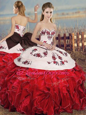 Organza Sweetheart Sleeveless Lace Up Embroidery and Ruffles and Bowknot Quinceanera Dress in White And Red