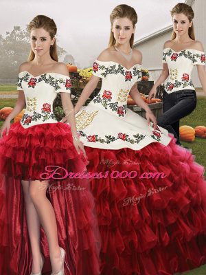 Fantastic Sleeveless Floor Length Embroidery and Ruffled Layers Lace Up Vestidos de Quinceanera with Wine Red