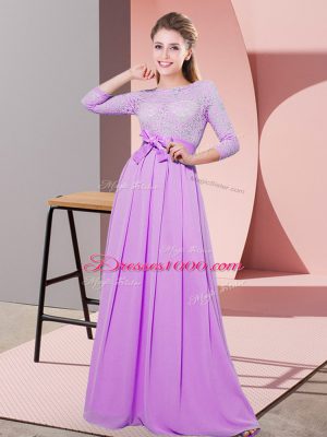Customized Lilac Empire Chiffon Scoop 3 4 Length Sleeve Lace and Belt Floor Length Side Zipper Quinceanera Dama Dress