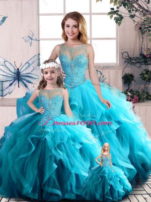 Aqua Blue Sleeveless Tulle Lace Up Quinceanera Gowns for Sweet 16 and Quinceanera