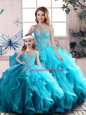 Aqua Blue Sleeveless Tulle Lace Up Quinceanera Gowns for Sweet 16 and Quinceanera