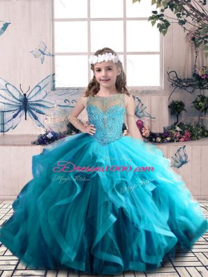 Aqua Blue Sleeveless Tulle Lace Up Quinceanera Gowns for Sweet 16 and Quinceanera