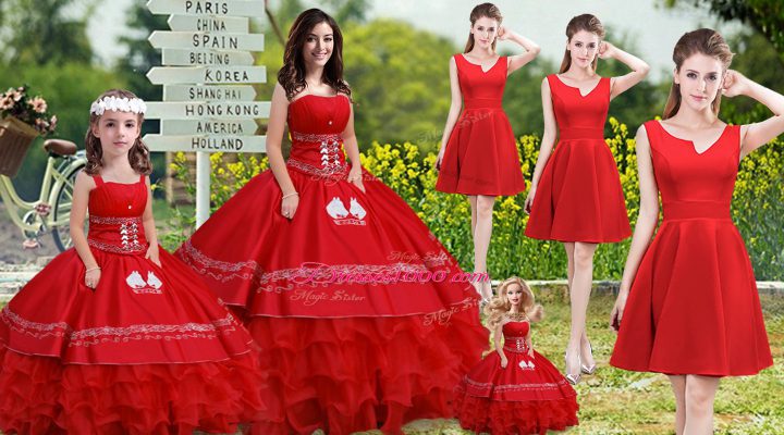 Artistic Strapless Sleeveless Lace Up Quinceanera Gown Red Satin and Organza