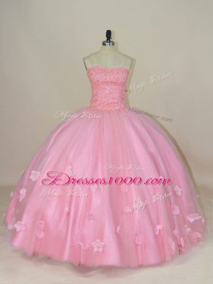 Beading and Hand Made Flower Vestidos de Quinceanera Baby Pink Lace Up Sleeveless Floor Length