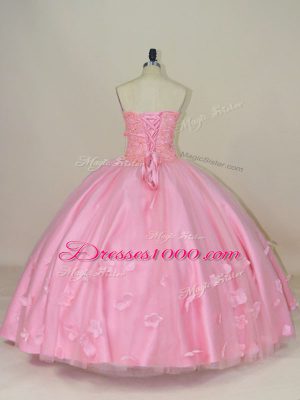 Beading and Hand Made Flower Vestidos de Quinceanera Baby Pink Lace Up Sleeveless Floor Length