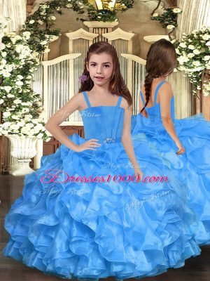 Latest Blue Lace Up Straps Ruffles Pageant Gowns For Girls Organza Sleeveless