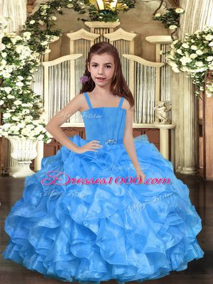 Latest Blue Lace Up Straps Ruffles Pageant Gowns For Girls Organza Sleeveless