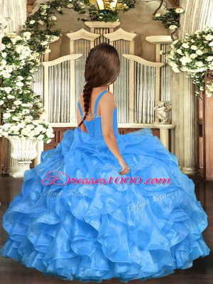 Latest Blue Lace Up Straps Ruffles Pageant Gowns For Girls Organza Sleeveless