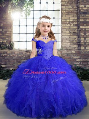 Best Beading and Ruffles Pageant Gowns For Girls Blue Lace Up Sleeveless Floor Length