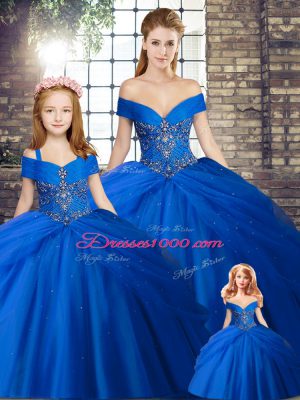 High Class Royal Blue Sleeveless Tulle Brush Train Lace Up Quinceanera Dresses for Military Ball and Sweet 16 and Quinceanera