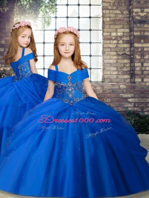 High Class Royal Blue Sleeveless Tulle Brush Train Lace Up Quinceanera Dresses for Military Ball and Sweet 16 and Quinceanera