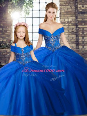 High Class Royal Blue Sleeveless Tulle Brush Train Lace Up Quinceanera Dresses for Military Ball and Sweet 16 and Quinceanera