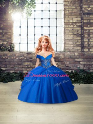 High Class Royal Blue Sleeveless Tulle Brush Train Lace Up Quinceanera Dresses for Military Ball and Sweet 16 and Quinceanera