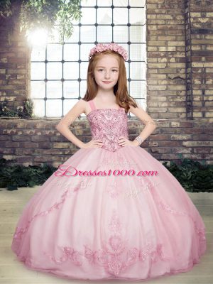 Sleeveless Tulle Floor Length Lace Up Little Girl Pageant Dress in Lilac with Beading