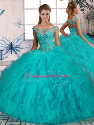 Extravagant Aqua Blue Lace Up Off The Shoulder Beading and Ruffles Quince Ball Gowns Tulle Long Sleeves Brush Train