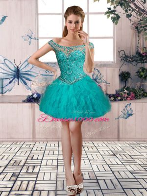 Extravagant Aqua Blue Lace Up Off The Shoulder Beading and Ruffles Quince Ball Gowns Tulle Long Sleeves Brush Train