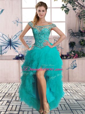 Extravagant Aqua Blue Lace Up Off The Shoulder Beading and Ruffles Quince Ball Gowns Tulle Long Sleeves Brush Train