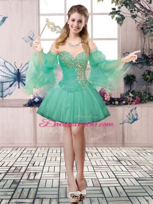 Apple Green Ball Gowns Beading Hoco Dress Lace Up Tulle Sleeveless Mini Length