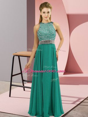 Turquoise Chiffon Side Zipper Evening Dress Sleeveless Floor Length Beading