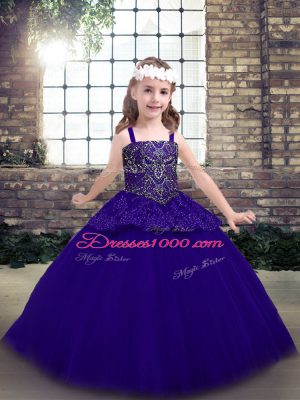 Purple Tulle Lace Up Little Girl Pageant Gowns Sleeveless Floor Length Beading