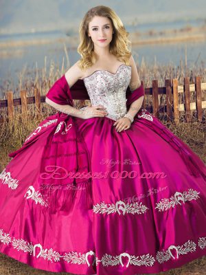 Ideal Sweetheart Sleeveless Lace Up Beading and Embroidery 15 Quinceanera Dress in Fuchsia